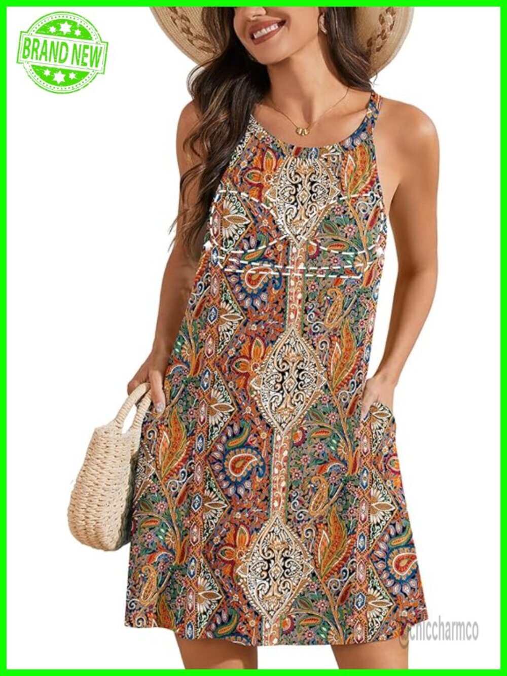 Women's Built-in Bra Halter Sundress with Pockets Casual Beach Mini Dress